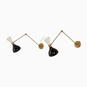 Italian Adjustable Black and White Brass Wall Lamps, Set of 2