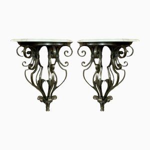 Art Deco Hammered Iron and Marble Consoles in the Style of Edgard Brandt, 1920s, Set of 2