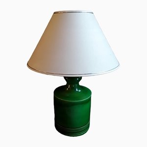 Vintage Table Lamp with Green Ceramic Foot and Cream Colored Fabric Screen, 1970s
