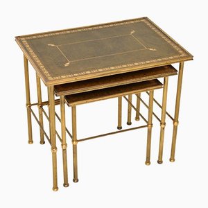 Antique Brass and Leather Nesting Tables, Set of 3