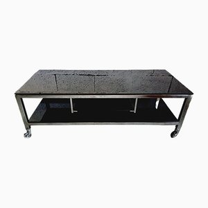 Large Vintage Coffee Table on Black Glass & Chromed Metal Rollers, 1970s