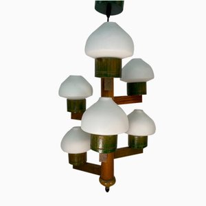 Suspension Mid-Century Scandinave en Pin et Verre Opalin