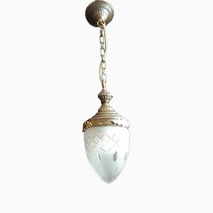 Antike Corridor Deckenlampe mit geschliffenem, tropfenförmigem Glasschirm auf oraler Messinghalterung, 1920er
