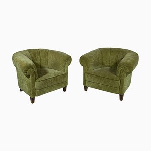 Art Deco Lounge Chairs in Green Olive Velvet Upholstery, Set of 2