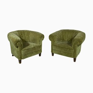 Fauteuils Art Déco en Velours Vert Olive, Set de 2