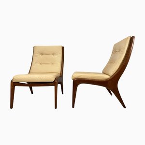 Mid-Century Leather and Walnut Lounge Chairs, Set of 2