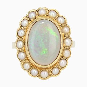 French Cluster Ring in 18 Karat Yellow Gold with Opal Pearl, 1950s