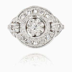 French Art Deco Ring in 18 Karat White Gold Platinum with Diamonds, 1930s