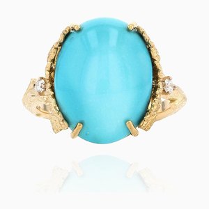 Modern Leafy Setting Ring in 18 Karat Yellow Gold with Turquoise and Diamonds
