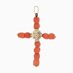Antique Cross Pendant in 18 Karat Yellow Gold with Coral Pearls