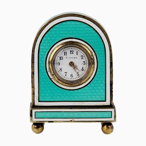 Miniature Guilloché Silver Enamel Travel Clock in in Its Own Case
