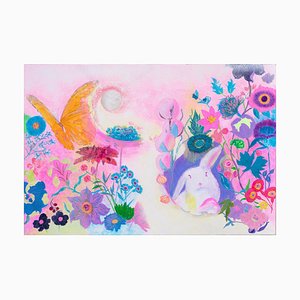 Minako Asakura, Light in the Forest, Kaninchen, 2021, Acryl & Aquarell auf Papier auf Holz