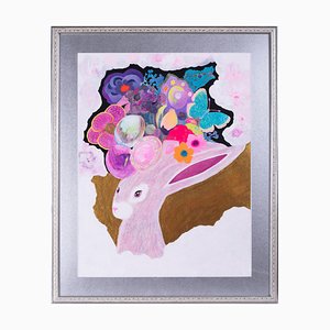 Minako Asakura, Pink Crazy Rabbit, 2021, Acrylique et Aquarelle sur Papier sur Bois