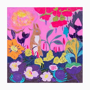 Minako Asakura, Scoiattolo in un campo di fiori, 2022, acrilico e acquerello su carta e legno