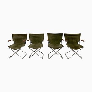 Mid-Century Wood Metal and Green Canvas Folding Armchairs, Set of 4