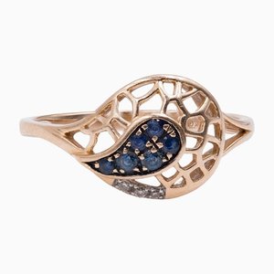 18K Vintage Yellow Gold Ring with Sapphires and Diamonds, 1970s