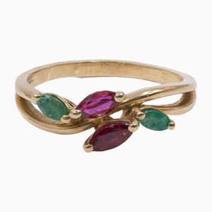 18K Vintage Yellow Gold Ring with Rubies and Emeralds, 1970s