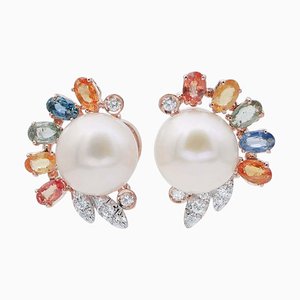 Boucles d'Oreilles Perles, Saphirs Multicolores, Diamants, Or Rose et Blanc 14 Carats, Set de 2