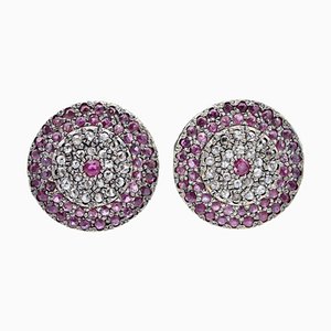 Boucles d'Oreilles Rubis, Diamants, Or Rose et Argent, Set de 2