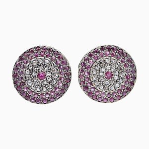 Rubies, Diamonds, Rose Gold and Silver Stud Earrings, Set of 2