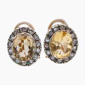 Ohrringe mit gelben Topasen, Diamanten, Roségold und Silber, 2er Set