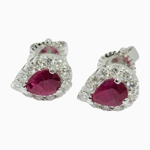 Boucles d'Oreilles en Or Blanc 18 Carats, Rubis et Diamants, Set de 2