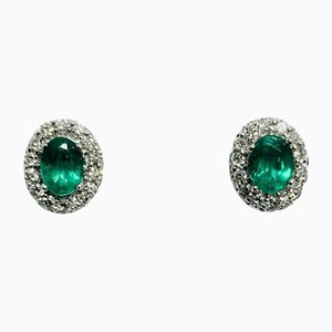 Boucles d'Oreilles en Or Blanc 18 Carats, Emeraude et Diamant, Set de 2