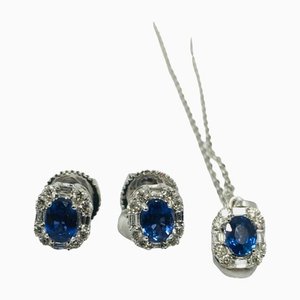 Boucles d'Oreilles et Pendentif 18 Carats en Saphir et Diamant, Set de 3