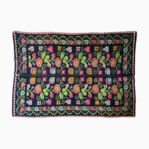 Vintage Wool Handwoven Rug with Flowers on Black Background