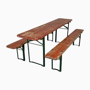 Vintage German Biergarten Table and Benches, Set of 3