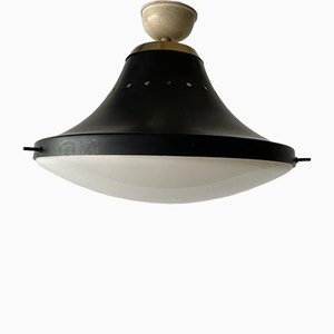 Lampada da soffitto Stilnovo in metallo nero e vetro acrilico bianco, Italia, anni '50