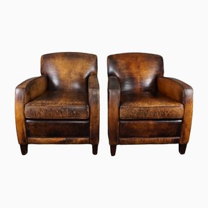 Club Chairs in Sheepskin Leather with Patina, Set of 2