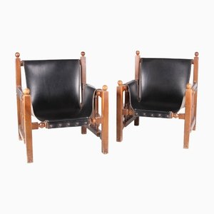 Armchairs in Faux Leather and Wood, Set of 2