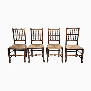 Antique Country Farmhouse Dining Chairs in Elm with Rush Seat, Set of 4