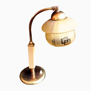 Vintage Art Deco Brass Frame with Cream Colored Plastic and Glass shade Adjustable Desk Lamp, 1930s