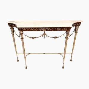 Vintage Italian Walnut Console with Portuguese Pink Marble Top and Brass Frame