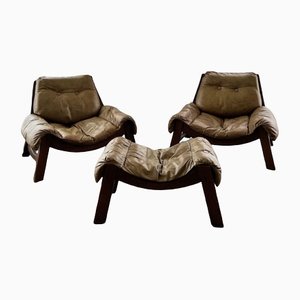 French Armchairs & Coffee Table in Leather, 1960s, Set of 3