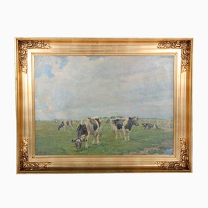 H Kjær, Cows in the Field, Denmark, Oil on Canvas, Framed
