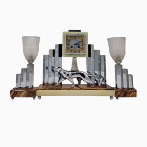 Art Deco Clock Set With Bronze Panther, Set of 3
