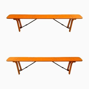 Mid-Century French Wood of Guinguette Village Folding Benches, 1960s, Set of 12