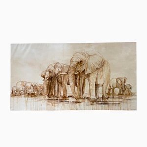 André Ferrand, Peinture d'Eléphants, 1998, Huile sur Toile, Encadrée