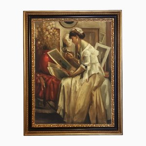 Lady Reading, Ecole Française, Huile sur Toile, Encadrée