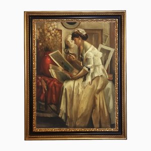 Lady Reading, French School, Oil on Canvas, Framed