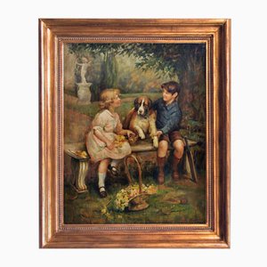 Jean Philipe Moreno, Children With Dog, English School, 2002, Oil on Canvas, Framed
