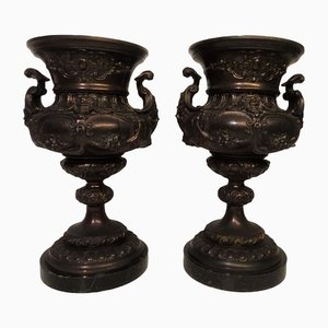 French Bronze & Patinated Cast Iron Medici Vases on Marble Bases, 19th Century, Set of 2