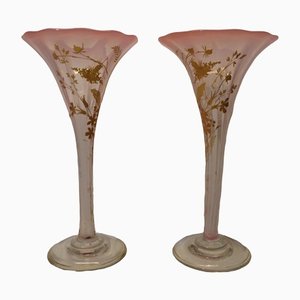 French Art Nouveau Gold Enameled Art Glass Trumpet Vases, Set of 2