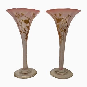 Vases Trompette Art Nouveau en Verre Émaillé Doré, France, Set de 2