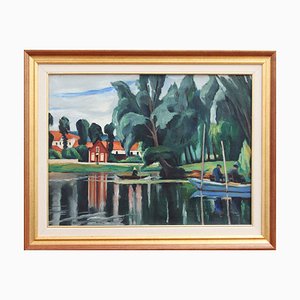 Charles Kvapil, Boats on a Pond, años 30, óleo sobre lienzo, enmarcado