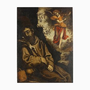 Franziskus in Ekstase, getröstet von einem Engel, 17. Jh., Öl auf Leinwand, Gerahmt