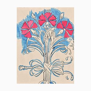 Duilio Cambellotti, Study for a Floral Motif, Original Drawing, Early 20th-Century